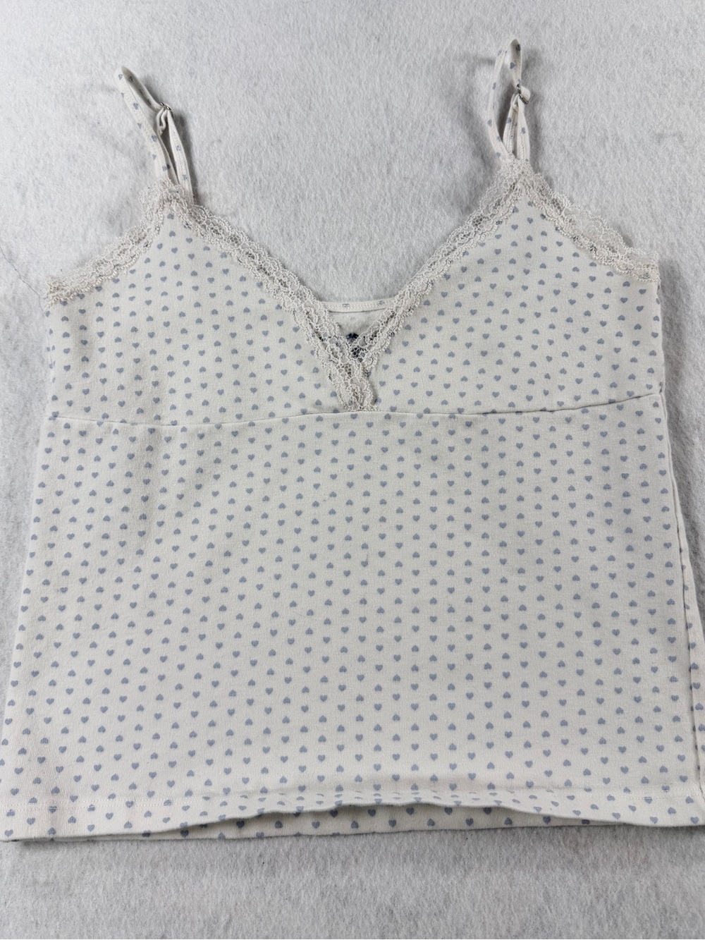 Brandy Melville White Blue Micro Heart Lace Trim Cami Top One Size Made in Italy